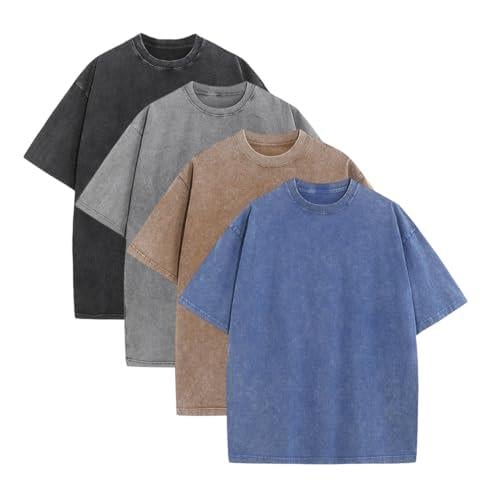 1/4 Pack Oversized T shirts for Men Gym Vintage Heavyweight T Shirts Cotton Workout Acid Wash Baggy Tees