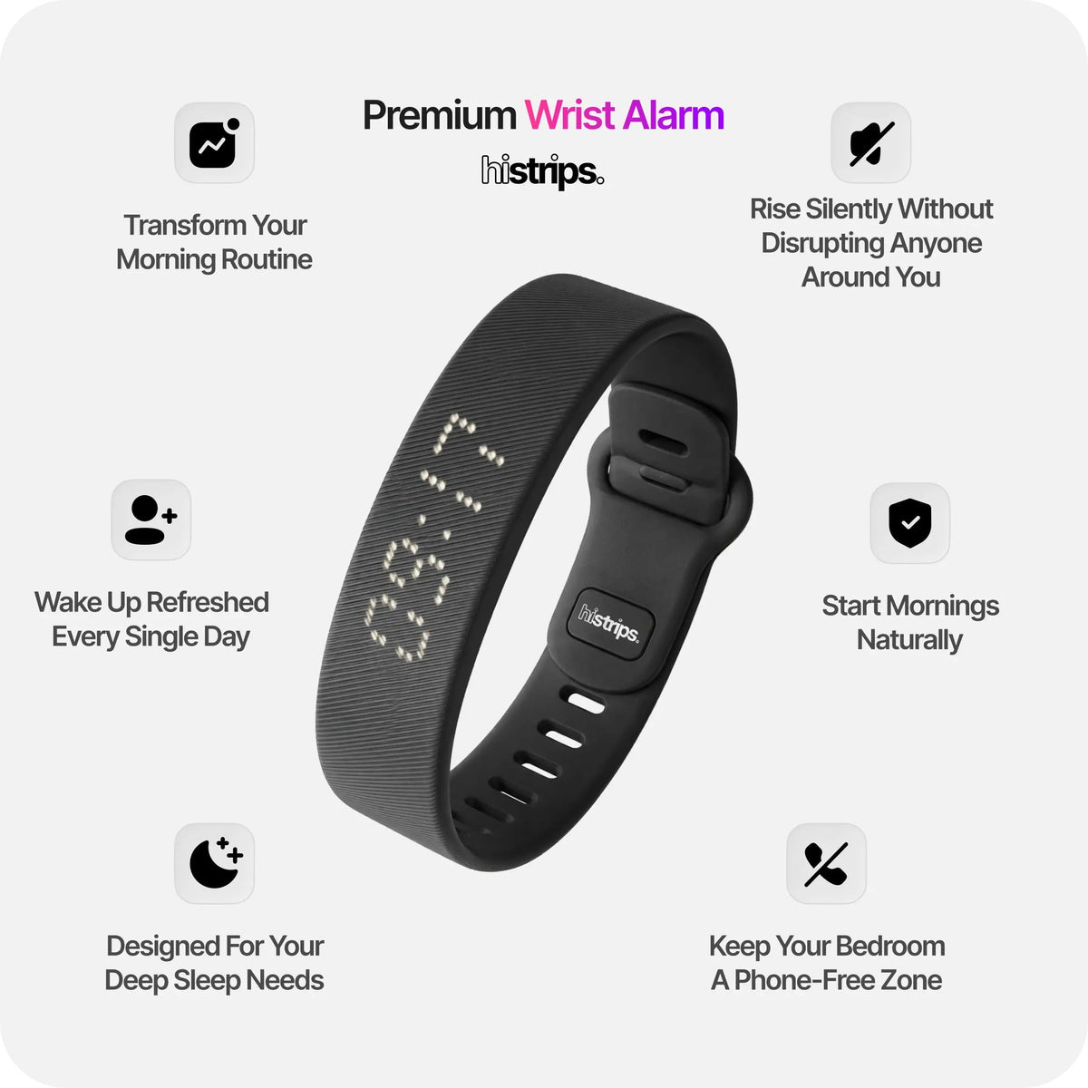 Silent Vibration Alarm Clock - Wrist-Worn Wake-Up Device for Heavy Sleepers, Avoids Disturbing Partners, 2 Intensity Levels, Up to 3 Alarms, 14+ Day Rechargeable Battery