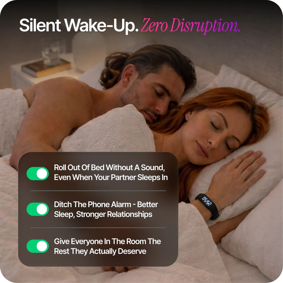 Silent Vibration Alarm Clock - Wrist-Worn Wake-Up Device for Heavy Sleepers, Avoids Disturbing Partners, 2 Intensity Levels, Up to 3 Alarms, 14+ Day Rechargeable Battery