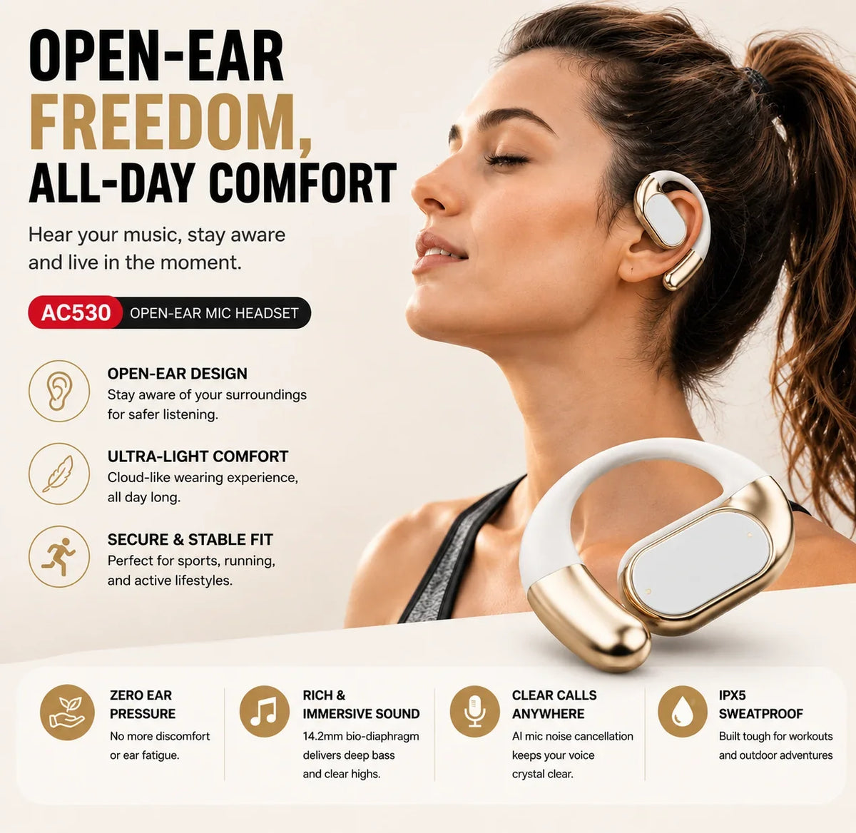 🎧 Monster AC530 Open-Ear Headset | 165H Battery, Bluetooth 6.0, Ultra Comfort Wireless Earbuds