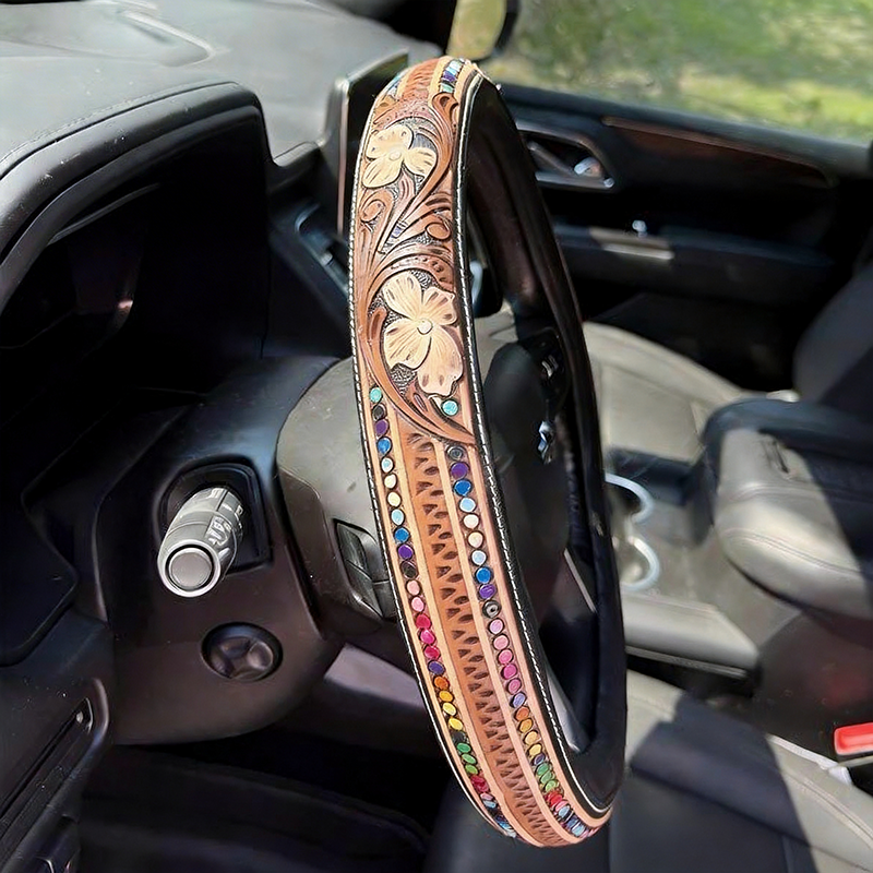 All-Season Breathable Steering Wheel Cover – Western Style, Non-Slip Grip, 14.3-14.6'