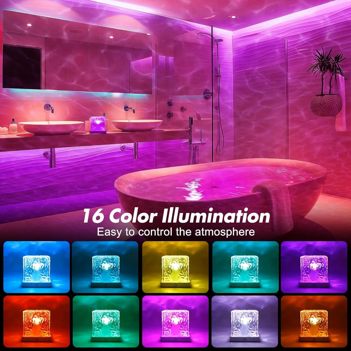 Rechargeable Waterproof Shower Light | 16-Color Ocean Wave Projector with Remote, Wireless Dimmable Bathroom Mood Light