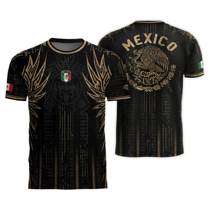 Mexico Soccer Jersey Black Aztec Warrior Gold Feather Design