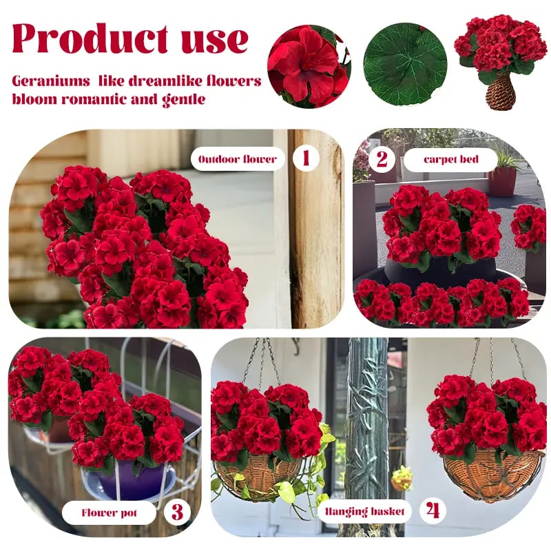 UV Resistant Artificial Geraniums – Outdoor Red Faux Flowers for Patio, Garden & Home Decor