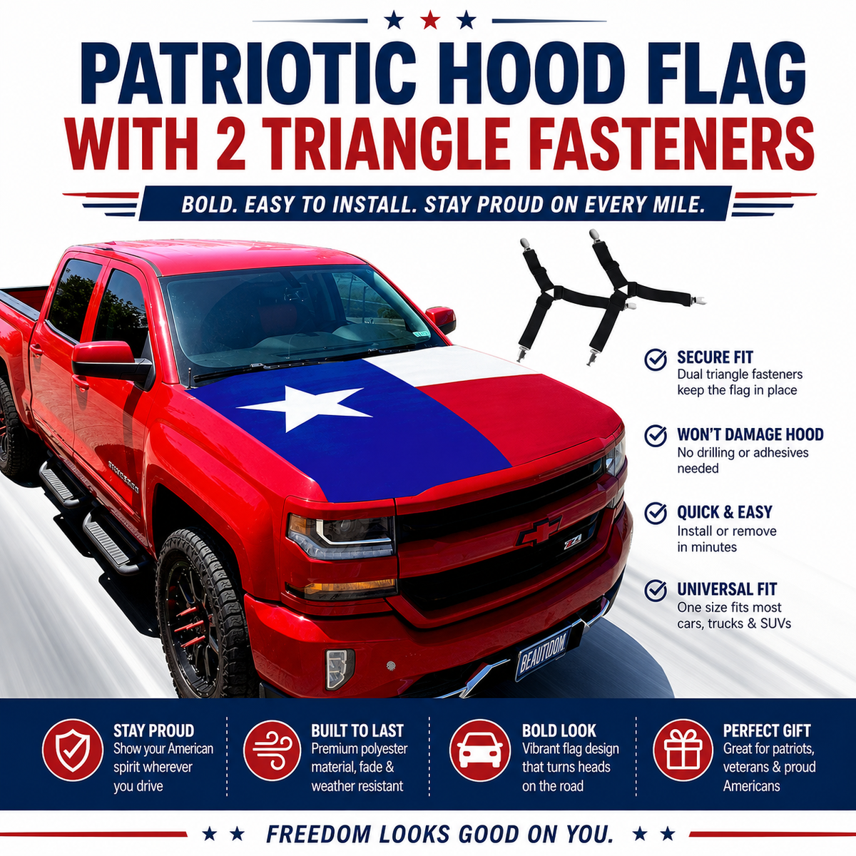 🇺🇸 Texas Flag Car Hood Cover with Dual Triangle Fasteners – Easy-Install Patriotic Decoration for Trucks, SUVs & Cars
