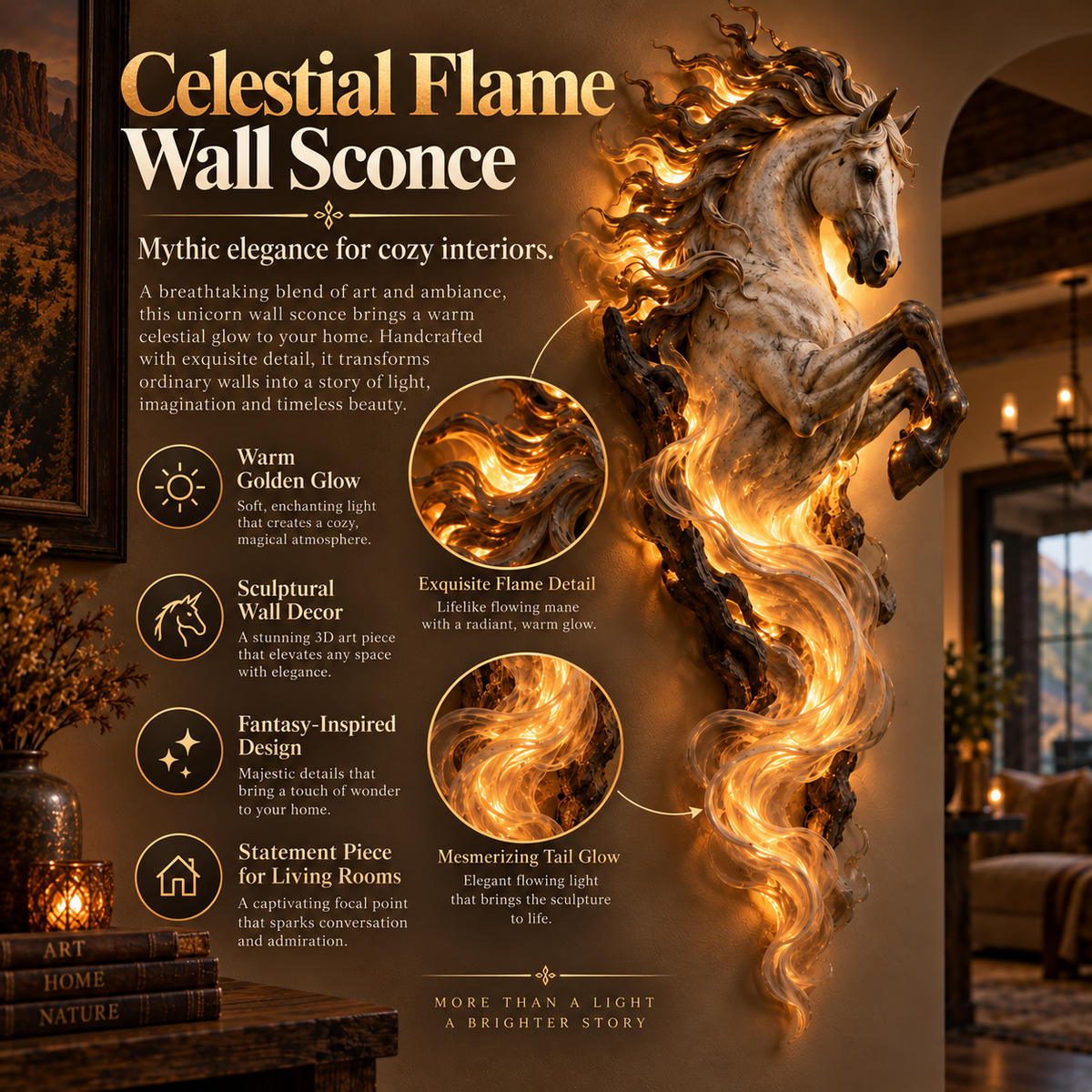 🦄 Celestial Flame Unicorn Wall Sconce – Sculptural Fantasy LED Wall Decor