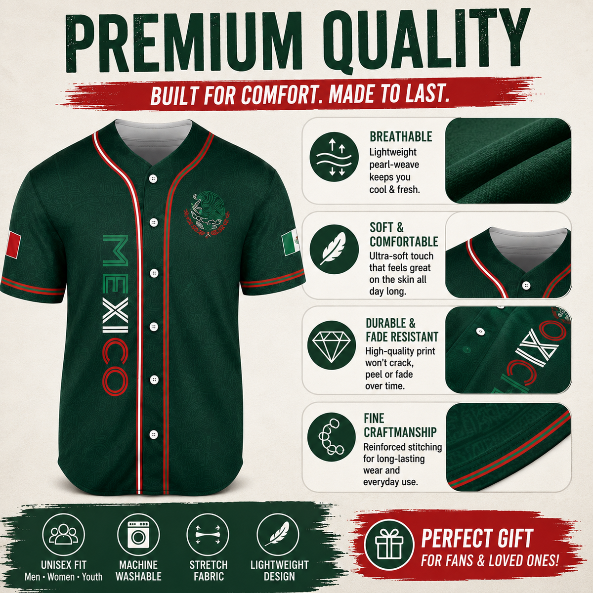 Mexico Baseball Jersey, Mexican Jersey Shirt for Men Women Youth Game Day Outfit For Mexico Fans