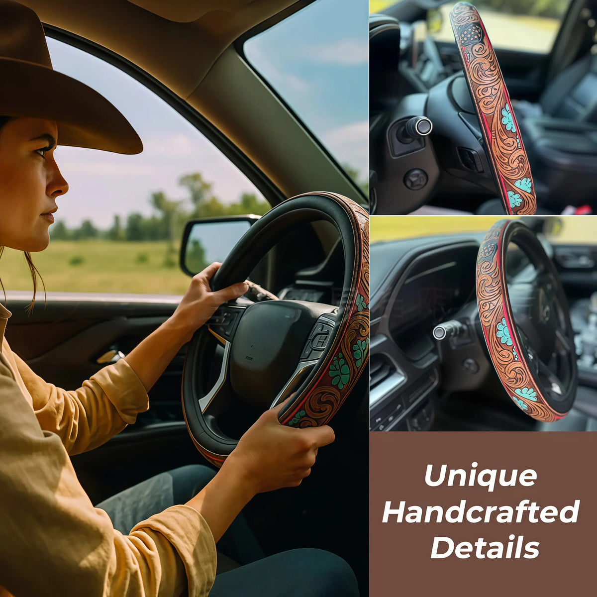 All-Season Breathable Steering Wheel Cover – Western Style, Non-Slip Grip, 14.3-14.6'