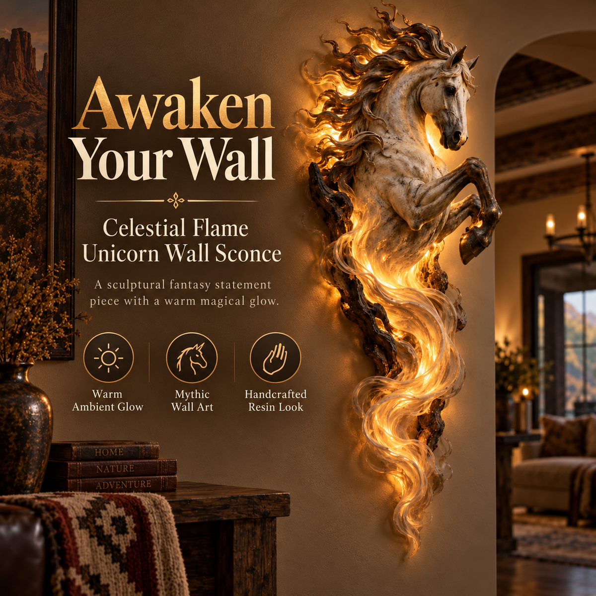 🦄 Celestial Flame Unicorn Wall Sconce – Sculptural Fantasy LED Wall Decor