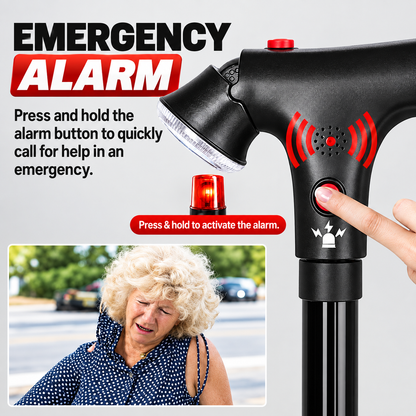🦯LIMITED-TIME 50% OFF! 💡 Multifunction Folding Walking Cane – Built-In Light, Emergency Alarm, Quad Base & 5-Level Height Adjustment✨
