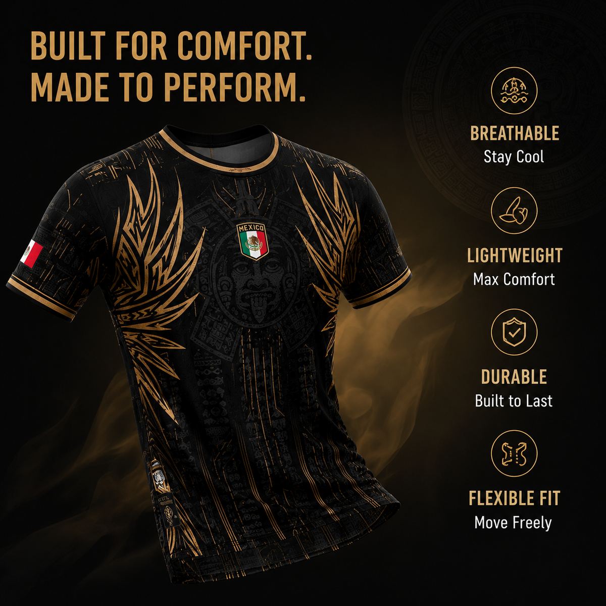 Mexico Soccer Jersey Black Aztec Warrior Gold Feather Design