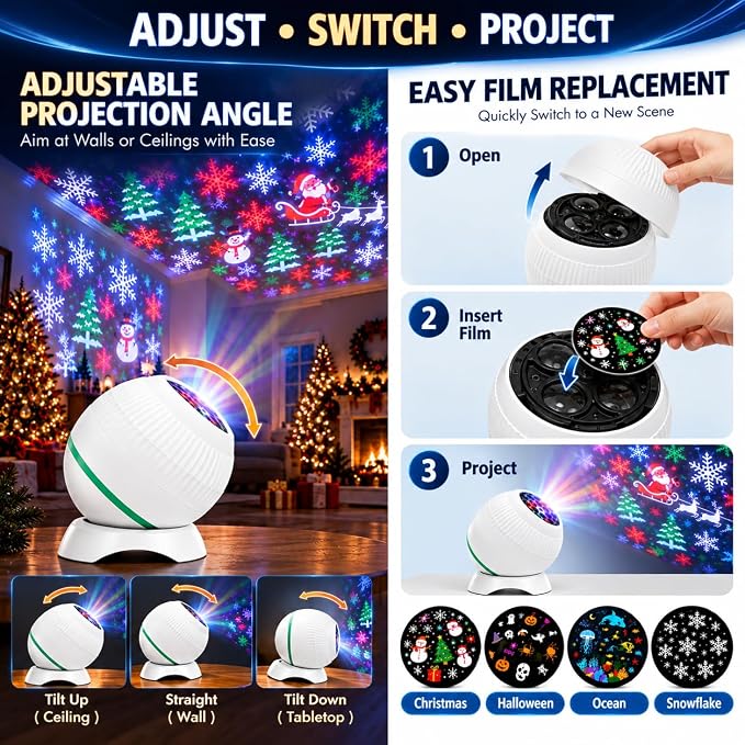 4-in-1 Christmas Projector Lights with Remote, Indoor Ceiling Projector