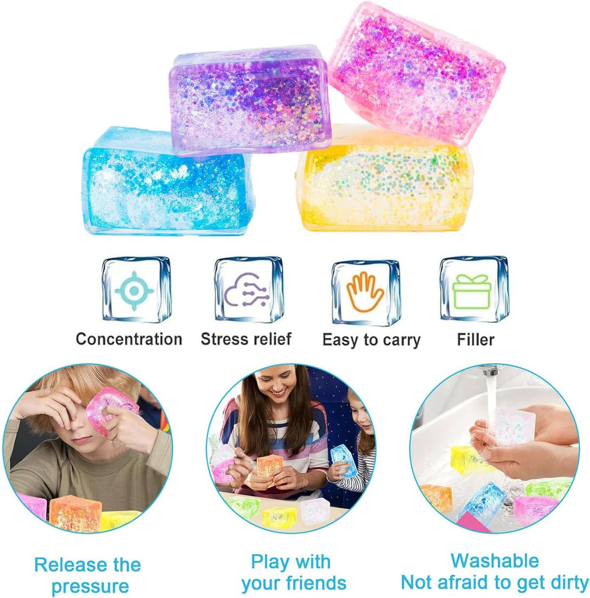 4pcs Glitter Ice Cube Stress Balls, ColorfulIce Cube Fidget Toy, Sensory Squishy Fidget Toys, Cube Anxiety Stress Relief Fidget Toy, Stress Balls for Kids and Adults
