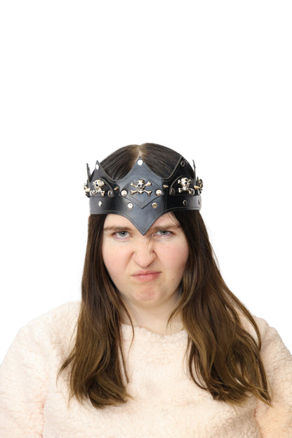 Black Leatherlike Skull Crown w/ Elastic Tie | NYC Costume Hat | Costume Headwear Shop