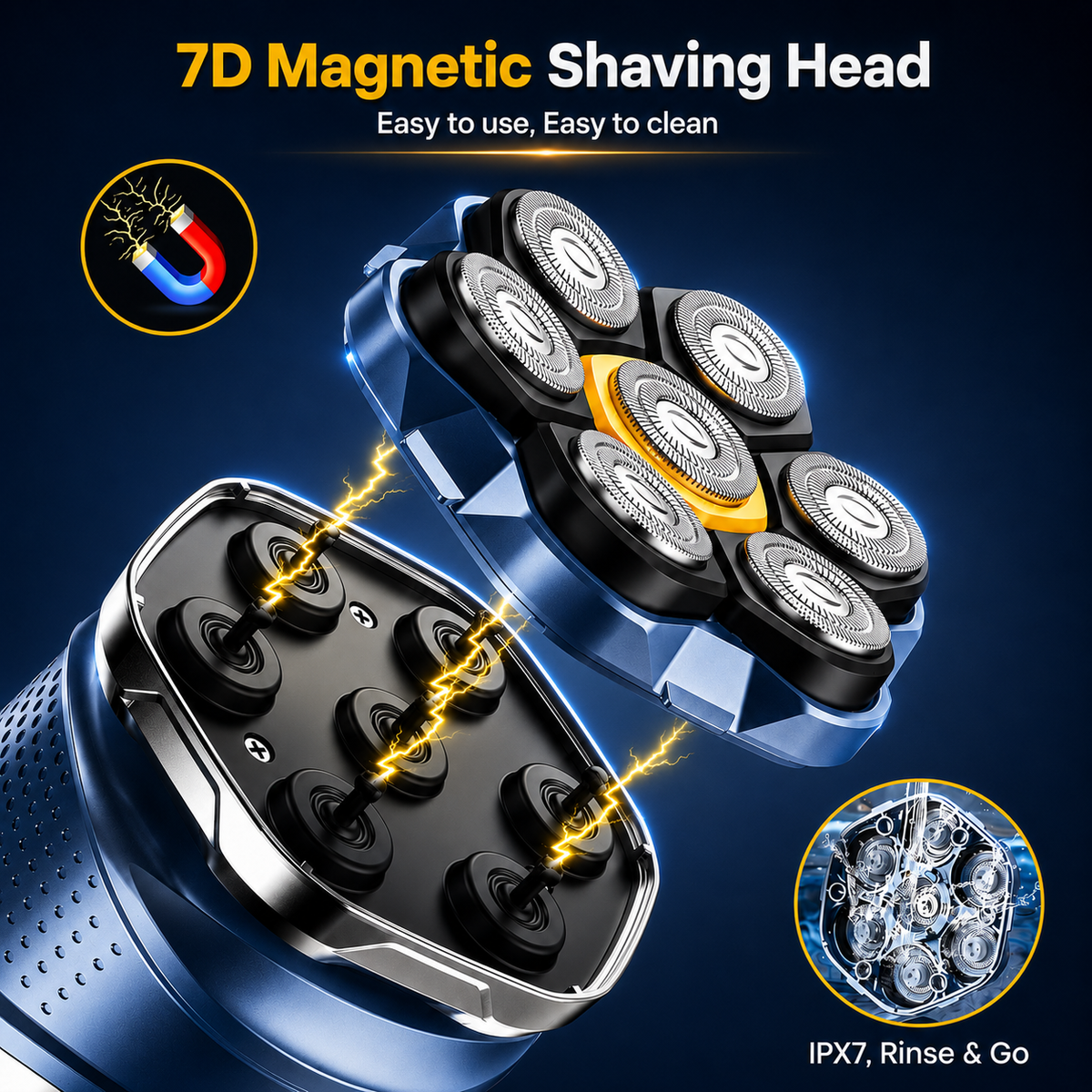 🔥 Professional 7D Magnetic Head Shaver for Men – IPX7 Wet & Dry Rotary Bald Shaver with 120-Min Runtime