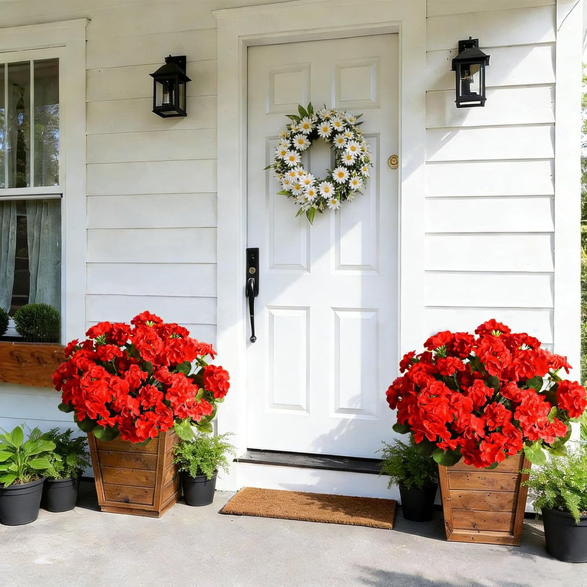 UV Resistant Artificial Geraniums – Outdoor Red Faux Flowers for Patio, Garden & Home Decor