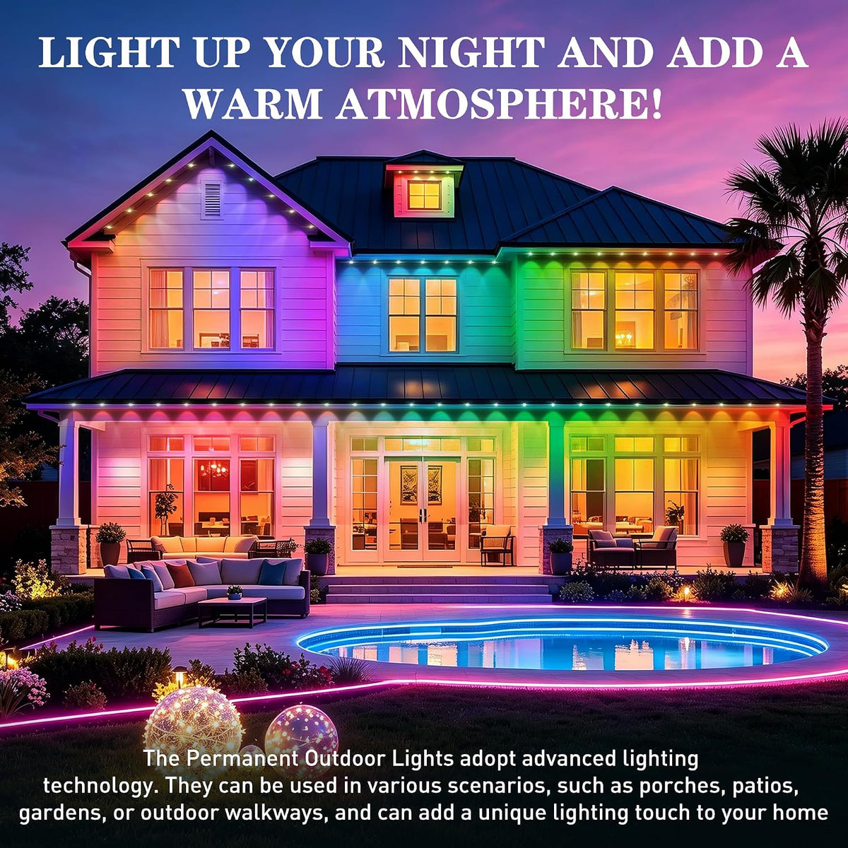 300FT Permanent Outdoor Lights, RGB+IC Waterproof Smart LED Eaves Lights with App & Remote Control, for Christmas and Holiday Decor, Daily and Accent Lighting for House Roof, Patio and Garden