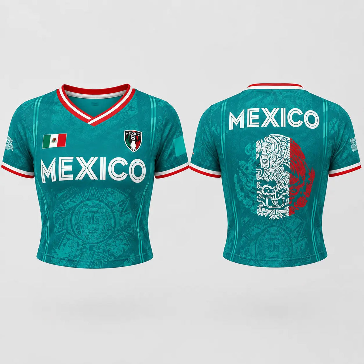 Women's Green V-Neck Football Jersey - Aztec Calendar Pattern Short-Sleeved Fan Top for 5th May Holiday Season