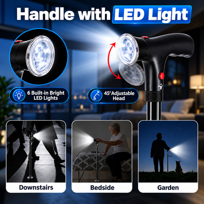 🦯LIMITED-TIME 50% OFF! 💡 Multifunction Folding Walking Cane – Built-In Light, Emergency Alarm, Quad Base & 5-Level Height Adjustment✨