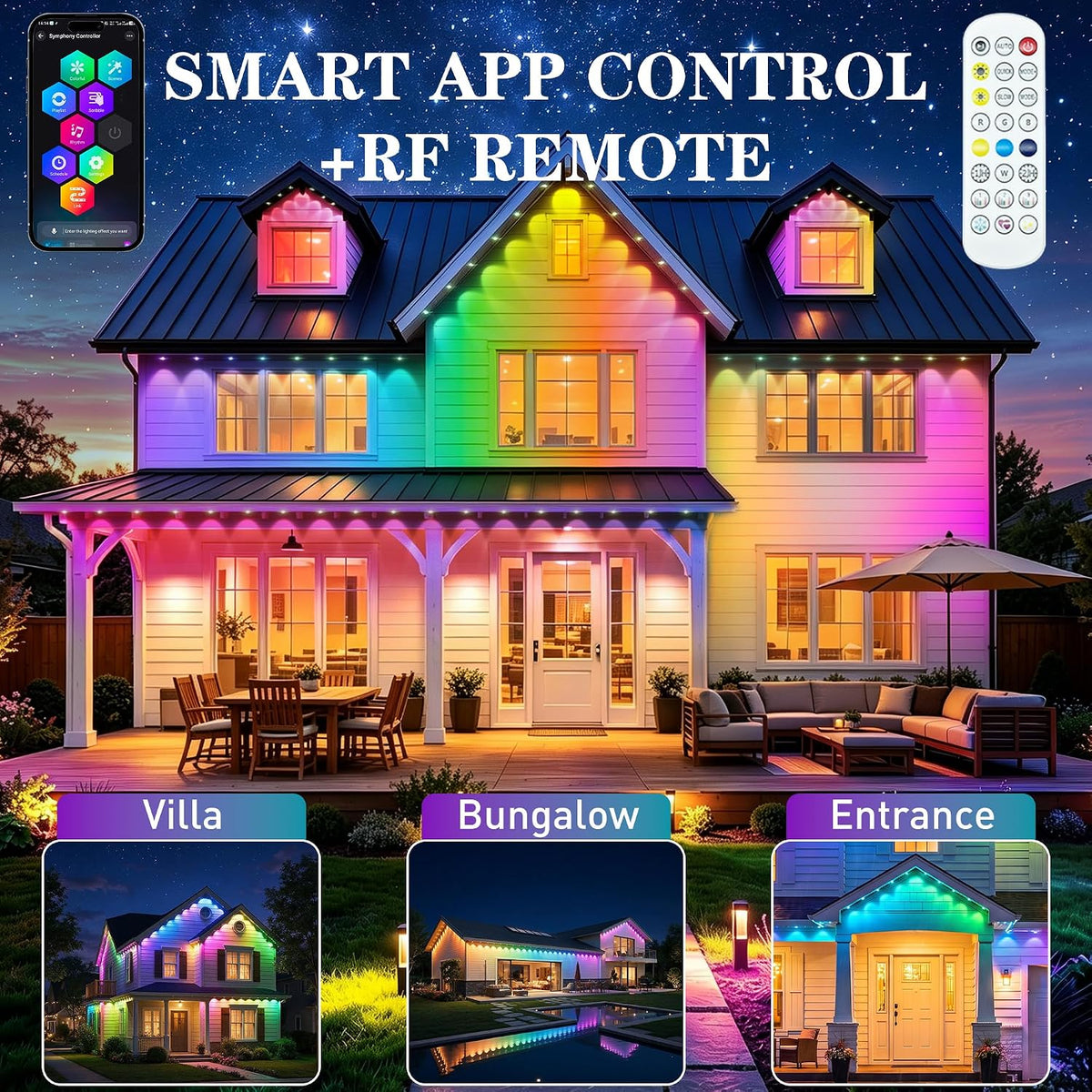 300FT Permanent Outdoor Lights, RGB+IC Waterproof Smart LED Eaves Lights with App & Remote Control, for Christmas and Holiday Decor, Daily and Accent Lighting for House Roof, Patio and Garden