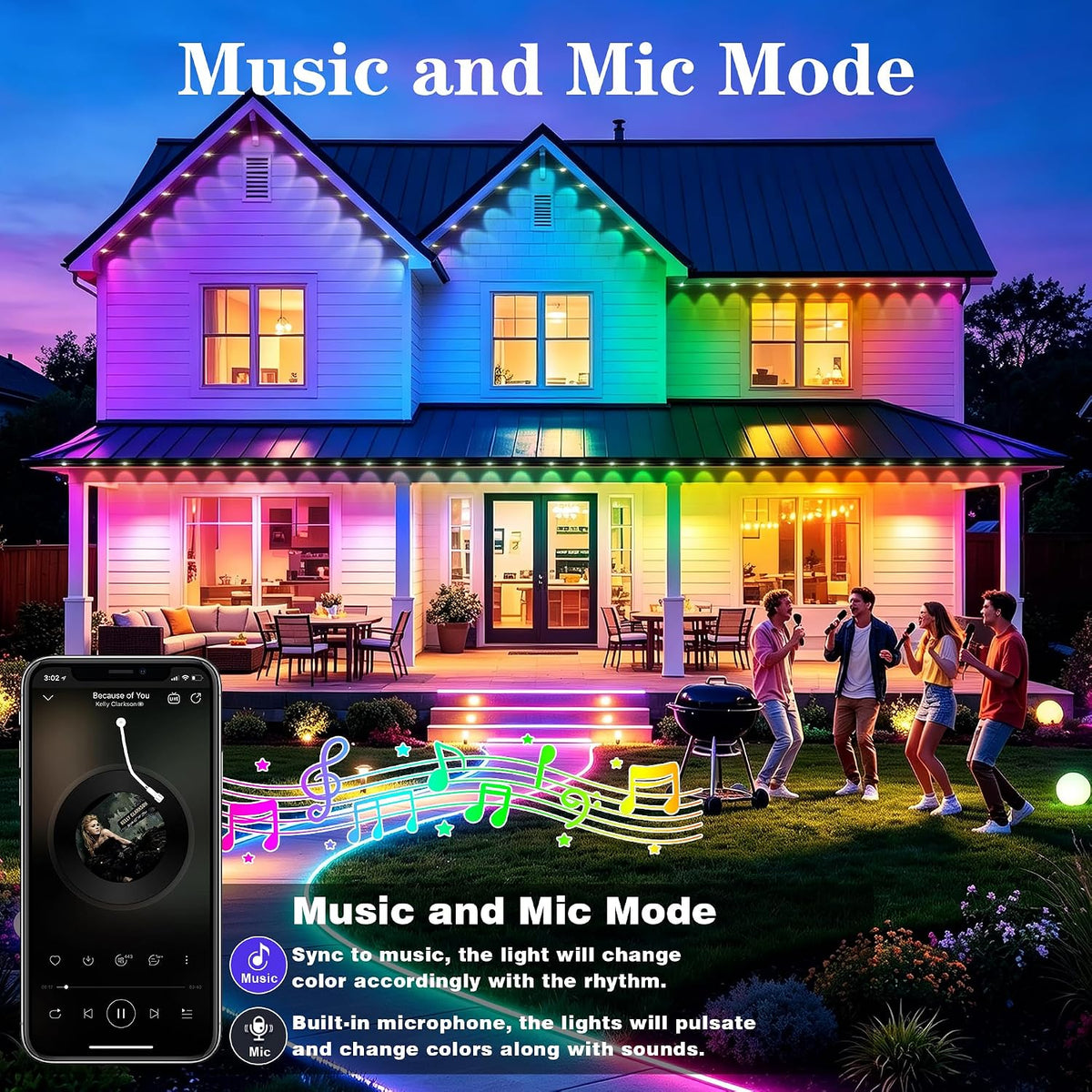 300FT Permanent Outdoor Lights, RGB+IC Waterproof Smart LED Eaves Lights with App & Remote Control, for Christmas and Holiday Decor, Daily and Accent Lighting for House Roof, Patio and Garden