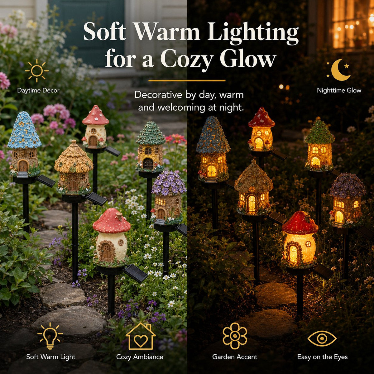 Garden Decor Solar Fairy House Stake Lights - Auto Light Sensor Resin Outdoor Lighting, Waterproof Yard Accessories