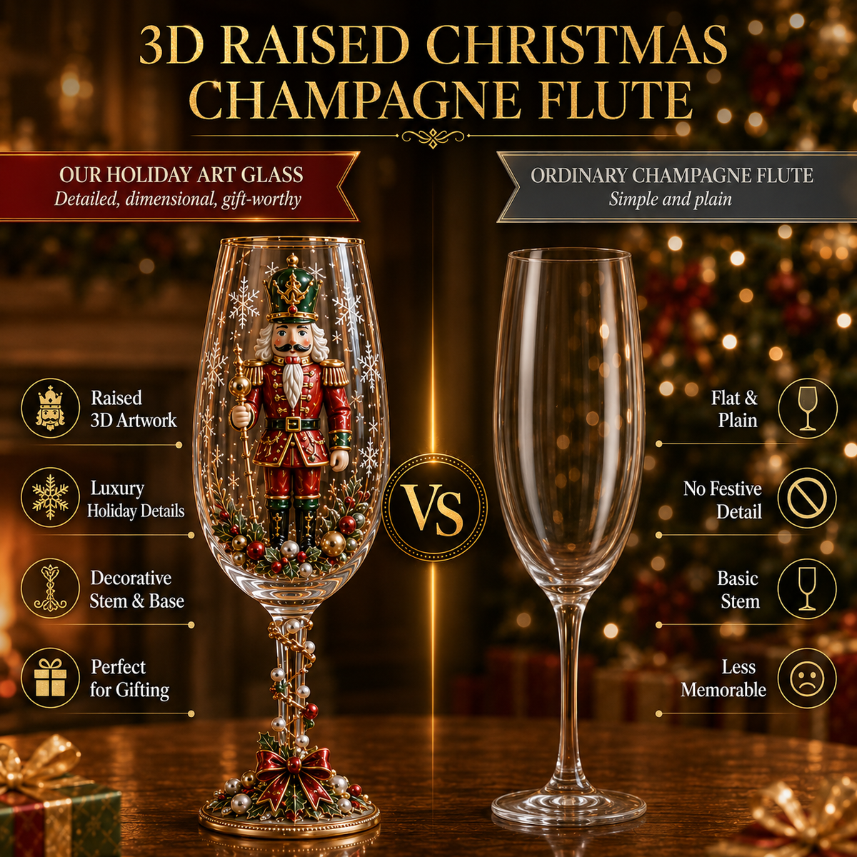 🎁🎭 Nutcracker-Inspired Christmas 3D Collector Champagne Glass Set