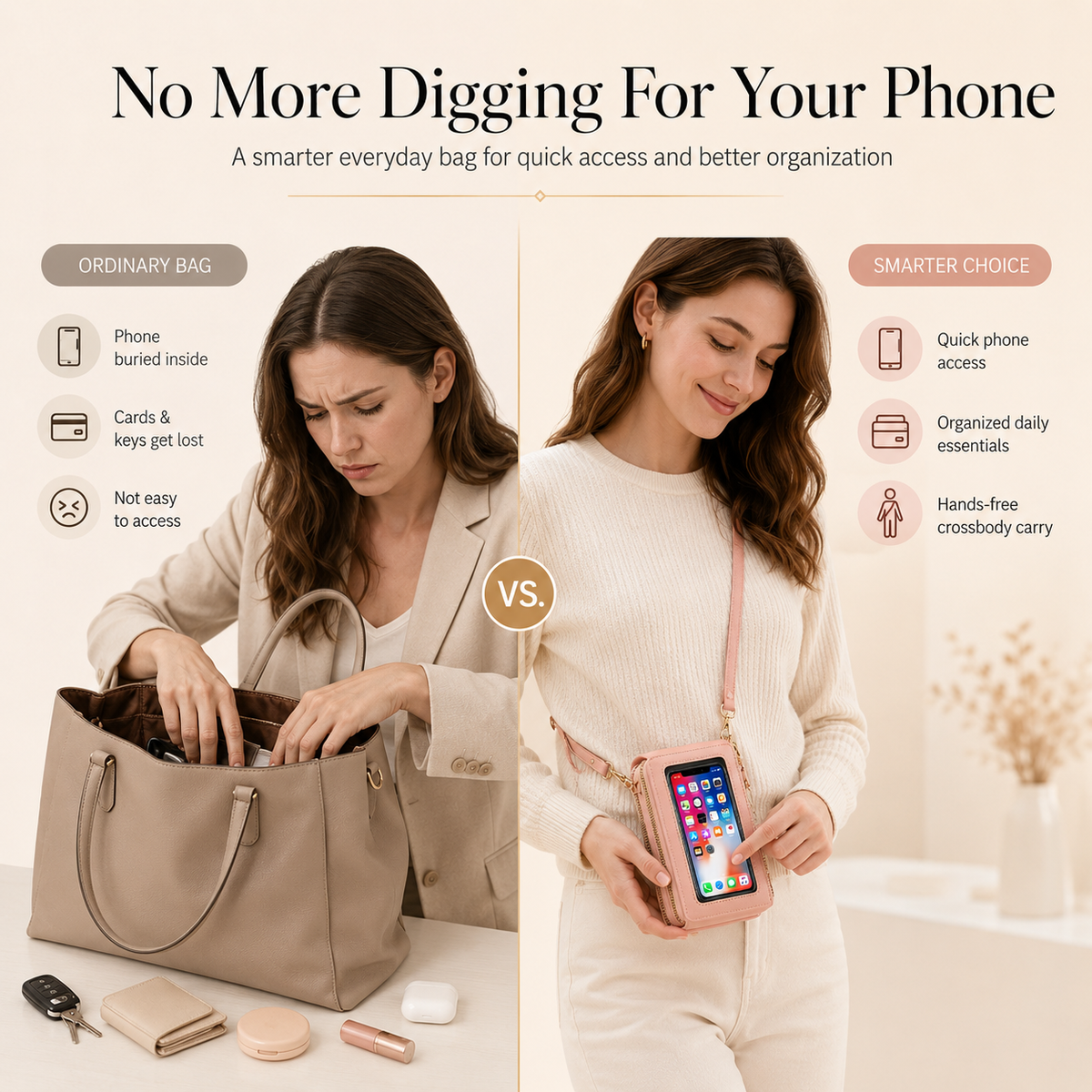 Touchscreen Crossbody Phone Bag – Use Your Phone Through the Clear Window, 3 Card Slots & Dual-Zipper Secure Storage