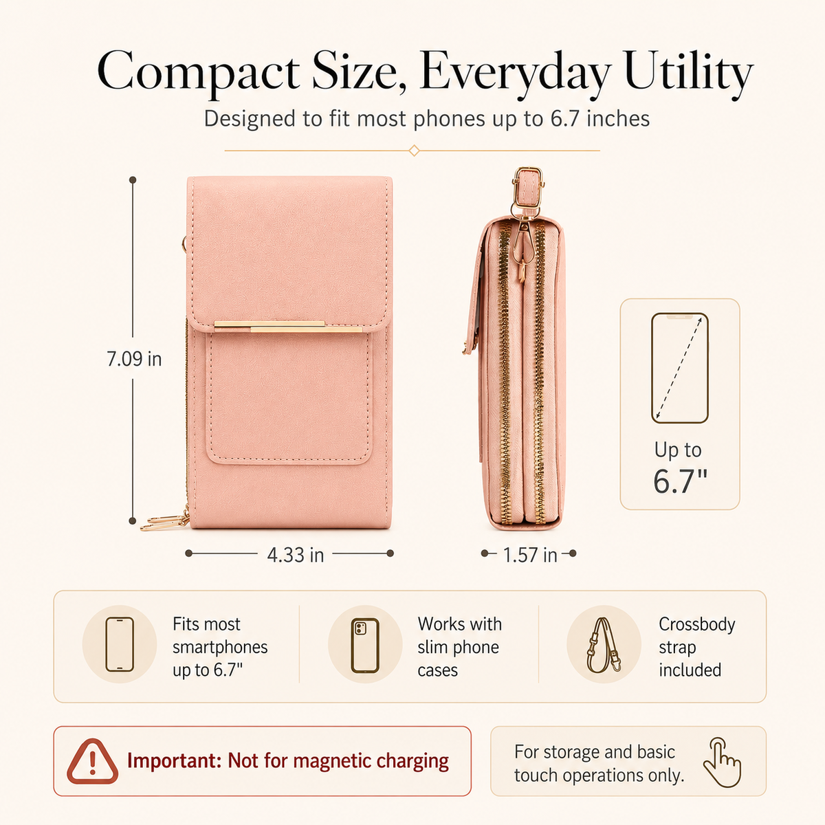 Touchscreen Crossbody Phone Bag – Use Your Phone Through the Clear Window, 3 Card Slots & Dual-Zipper Secure Storage