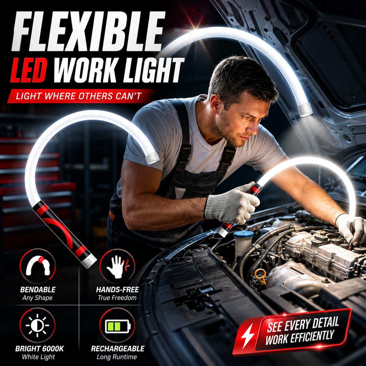 Flexible LED Light Stick 30', Rechargeable Bendable Work Light with 3 Modes High Lumen