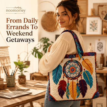 ✨ Boho Dreamcatcher Quilted Tote Bag – 3D Embroidered Feather Design, Spacious Everyday Carryall