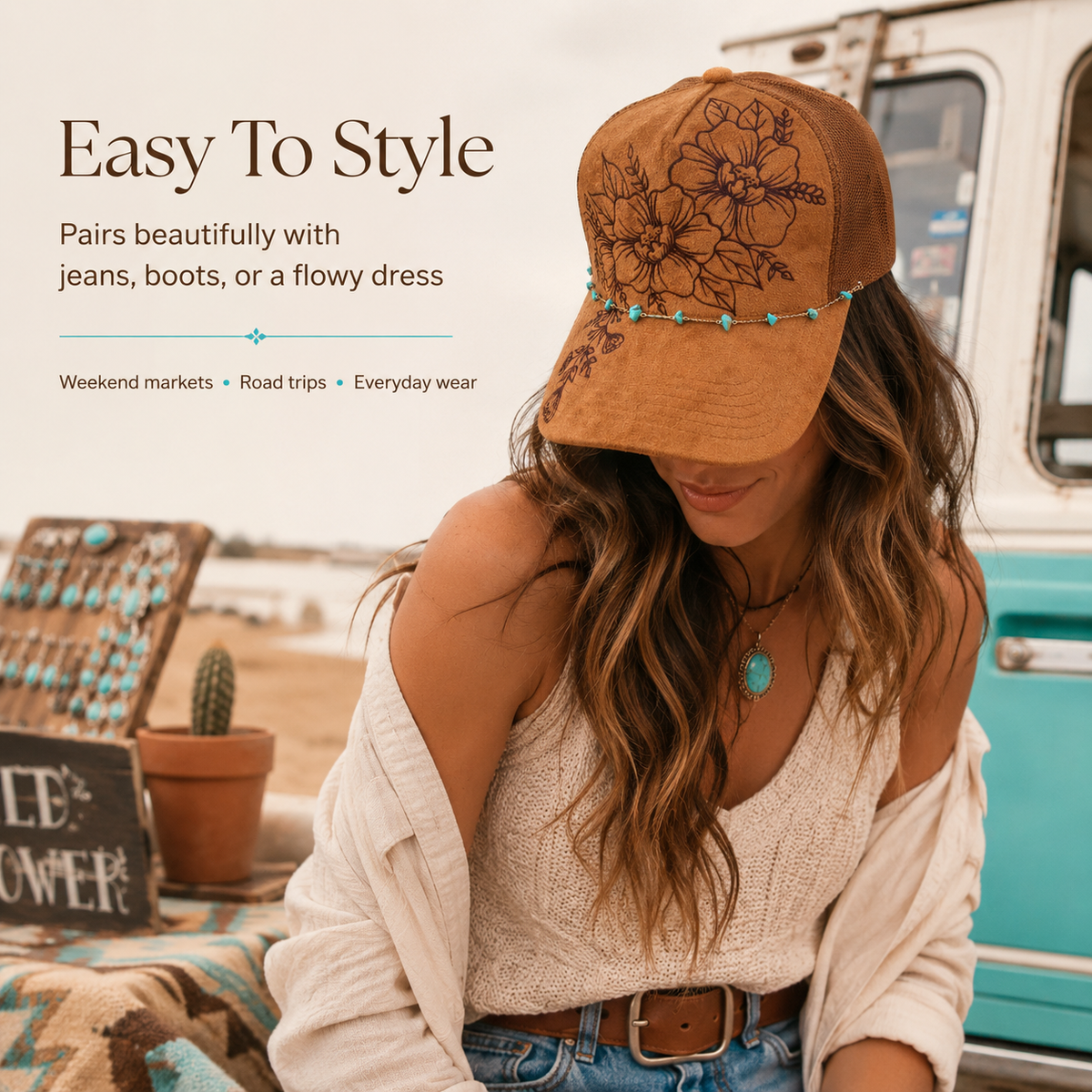 Flower Patch Burned Suede Trucker Hat with Dainty Turquoise Stone Chain