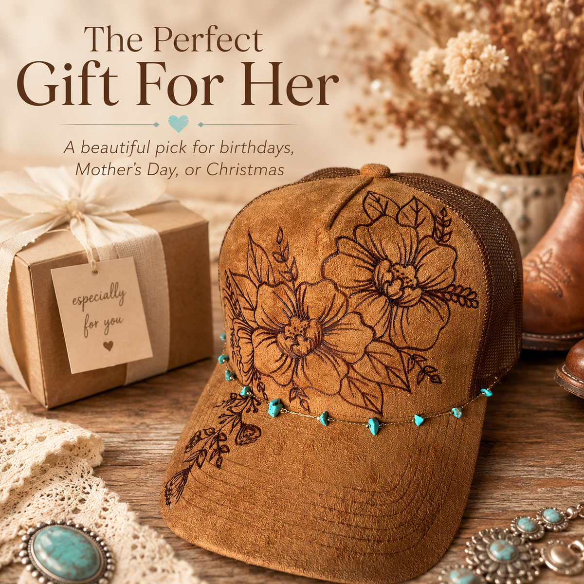 Flower Patch Burned Suede Trucker Hat with Dainty Turquoise Stone Chain