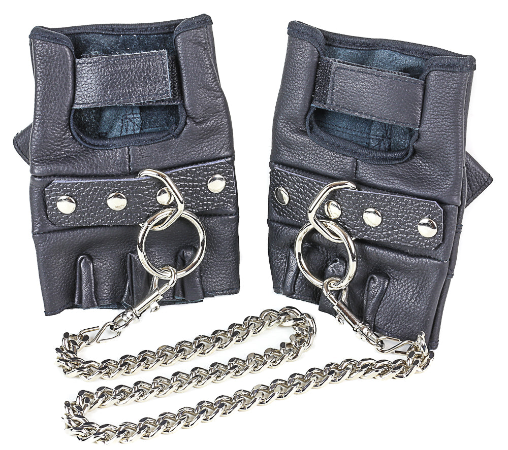 Chain Leash Fingerless Leather Gloves | Costume Accessory NYC | Cosplay Accessories