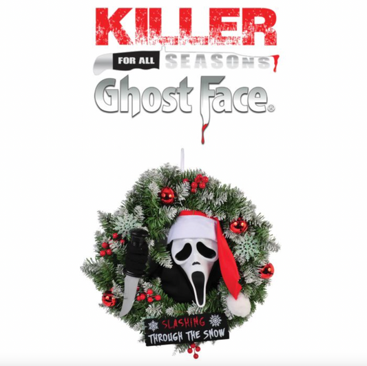 Ghost Face 18" Wreath w/ Mask & Sign | Halloween Decor NYC | Haunted Home Decoration
