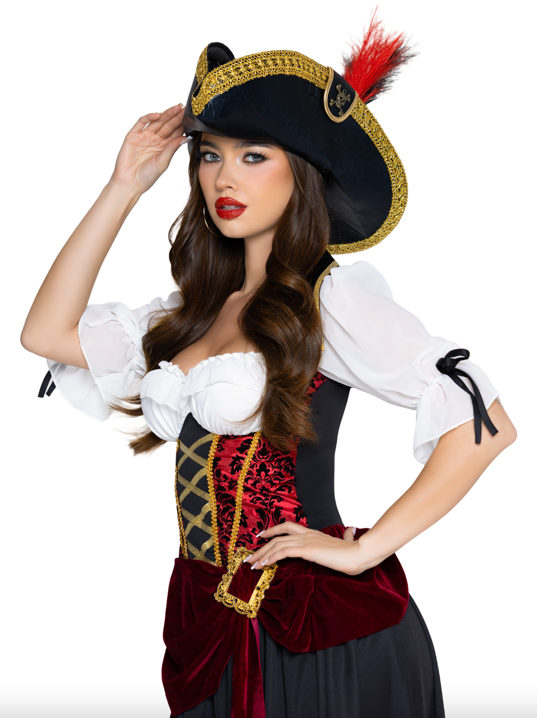 Pirate Hat w/ Skull Accent & Faux Feather Detail | NYC Costume Hat | Costume Headwear Shop