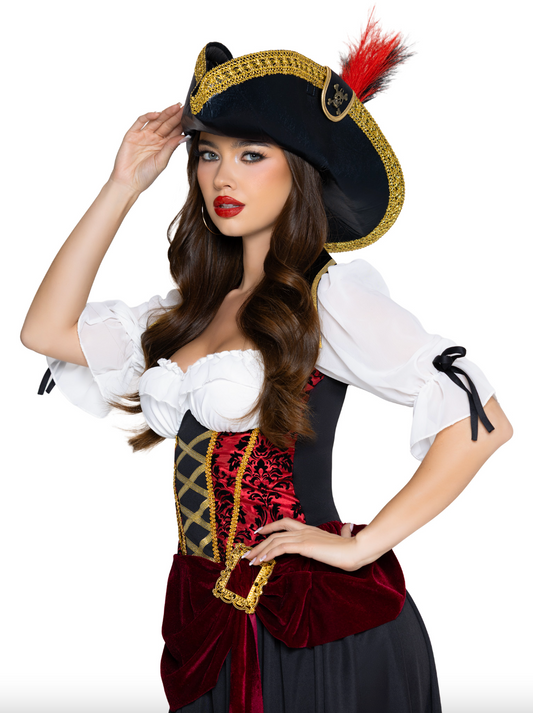 Pirate Hat w/ Skull Accent & Faux Feather Detail | NYC Costume Hat | Costume Headwear Shop
