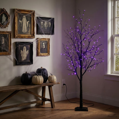 Nearly Natural 6’ Pre-Lit Halloween Black Twig Artificial Tree with 300 Orange & Purple LED Lights