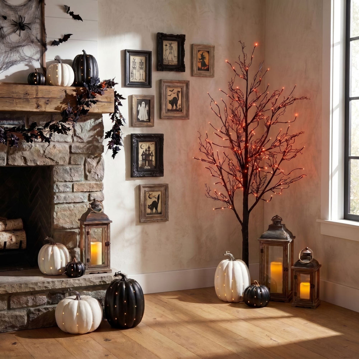 Nearly Natural 6’ Pre-Lit Halloween Black Twig Artificial Tree with 300 Orange & Purple LED Lights