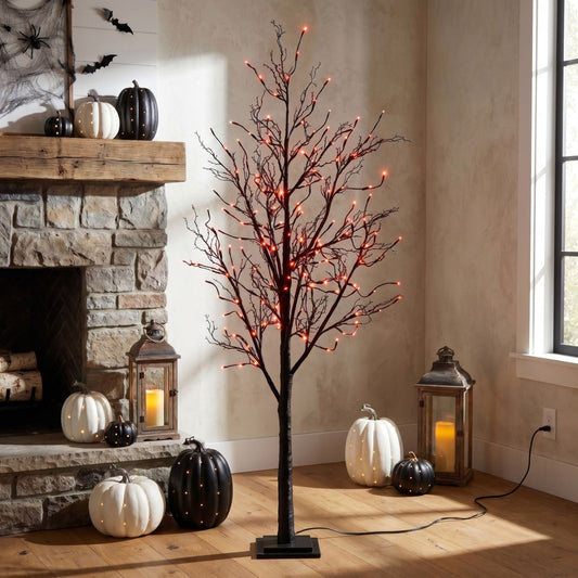 Nearly Natural 6’ Pre-Lit Halloween Black Twig Artificial Tree with 300 Orange & Purple LED Lights