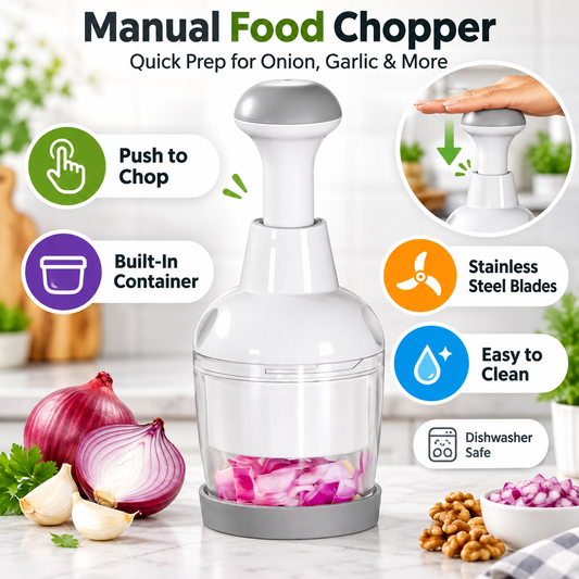 Manual Press Food Chopper – Stainless Steel Vegetable, Garlic, Herb & Nut Cutter
