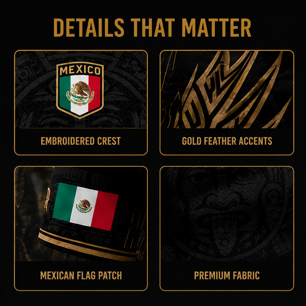 Mexico Soccer Jersey Black Aztec Warrior Gold Feather Design
