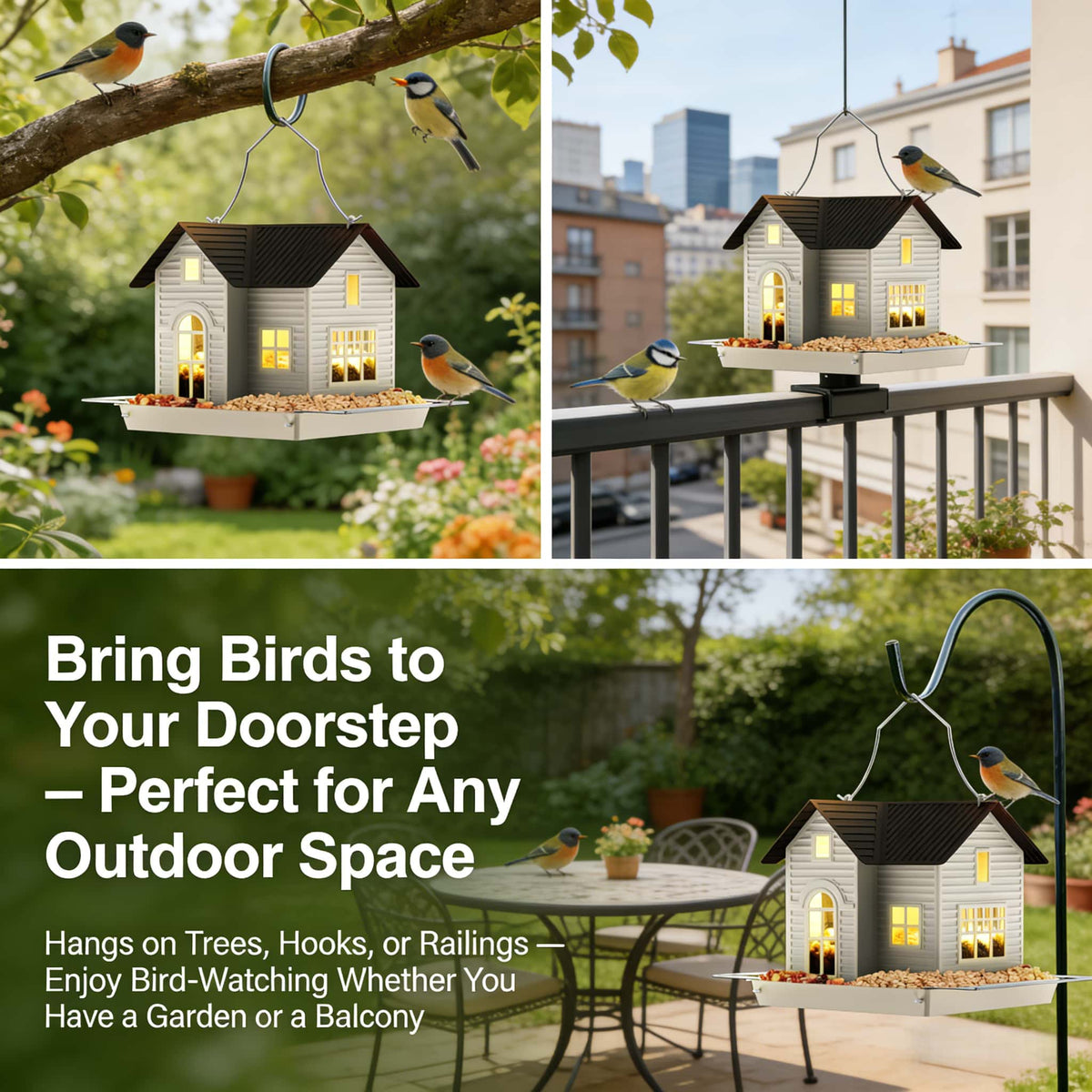 Solar‐Powered Hanging Bird Feeder with Glow – Sturdy Metal Hopper Design🌙🐦