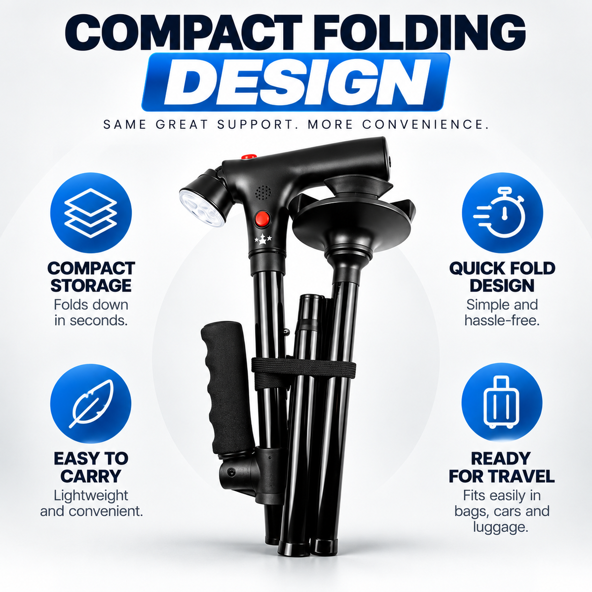 🦯LIMITED-TIME 50% OFF! 💡 Multifunction Folding Walking Cane – Built-In Light, Emergency Alarm, Quad Base & 5-Level Height Adjustment✨