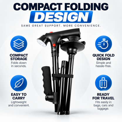 🦯LIMITED-TIME 50% OFF! 💡 Multifunction Folding Walking Cane – Built-In Light, Emergency Alarm, Quad Base & 5-Level Height Adjustment✨