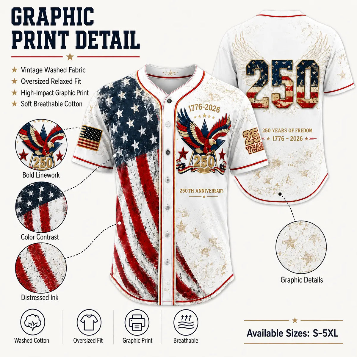 America 250th Anniversary Baseball Jersey – 1776-2026 USA Patriotic Button-Up Shirt | Vintage Stars & Stripes Freedom Jersey for 4th of July, Game Day & Everyday Wear