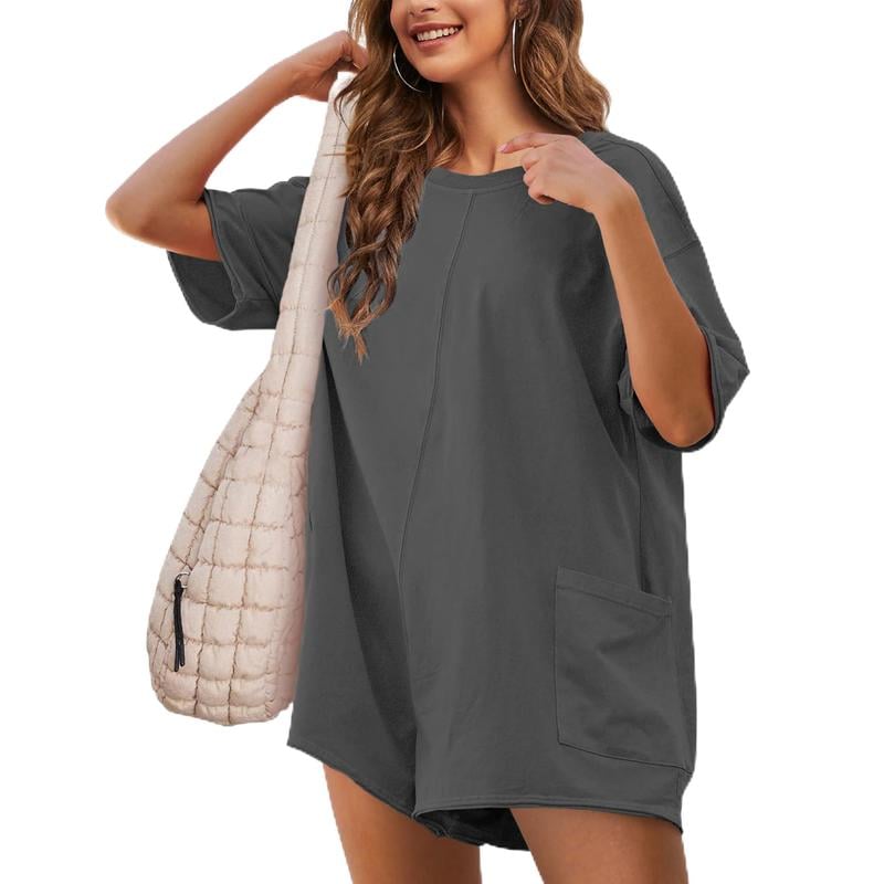 Women's Oversized Athletic Jumpsuit Casual Romper Overall Workout Tee Hot Short Romper