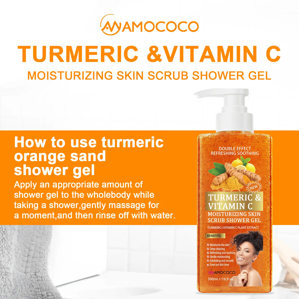 Turmeric Vitamin C Scrub Body Wash 500ml, gently moisturizing and soothing the skin with a long-lasting fragrance