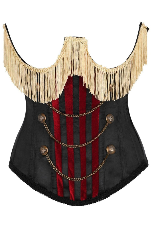 Top Drawer Burlesque Underbust Black/Dark Red Steel Boned Corset w/Gold Fringe | NYC Corset Shop | Steampunk & Burlesque Corset