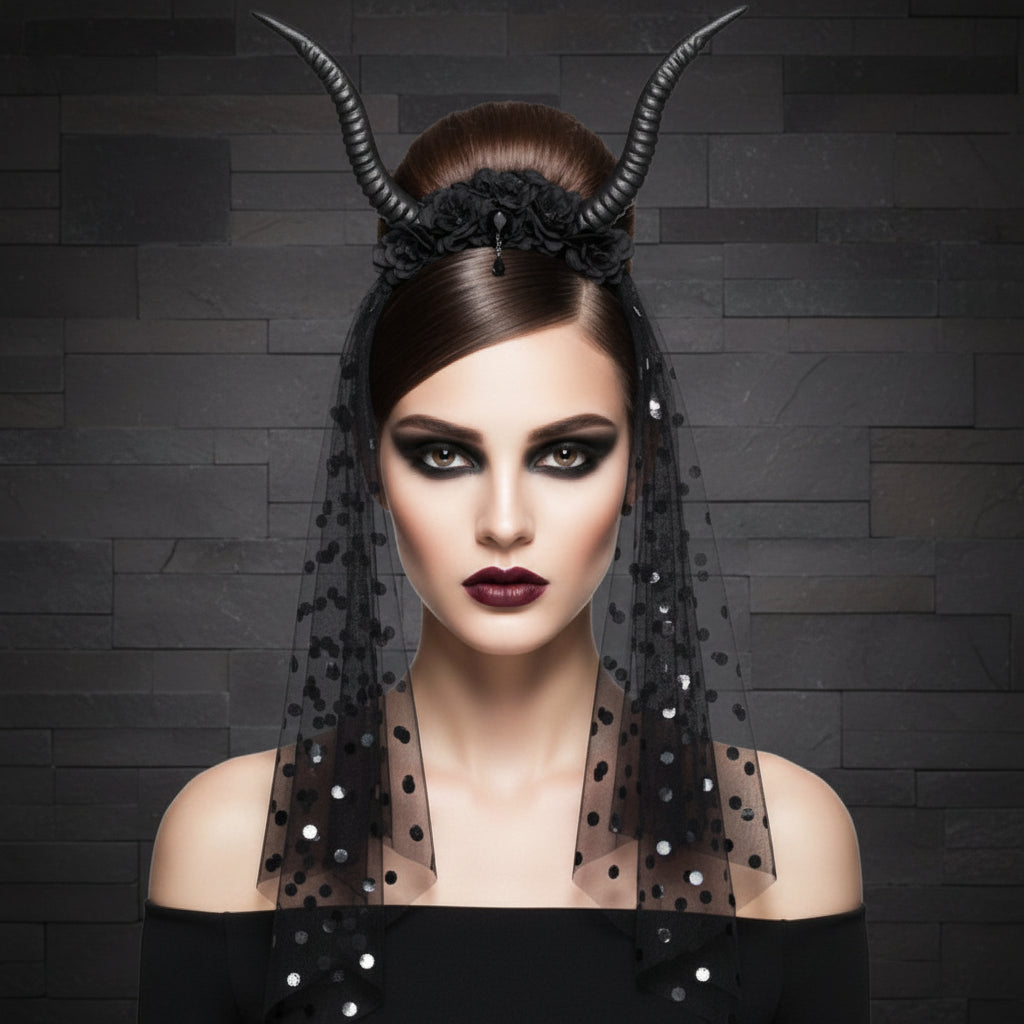 Deluxe Gothic Horns Veil Headband | NYC Costume Hat | Costume Headwear Shop
